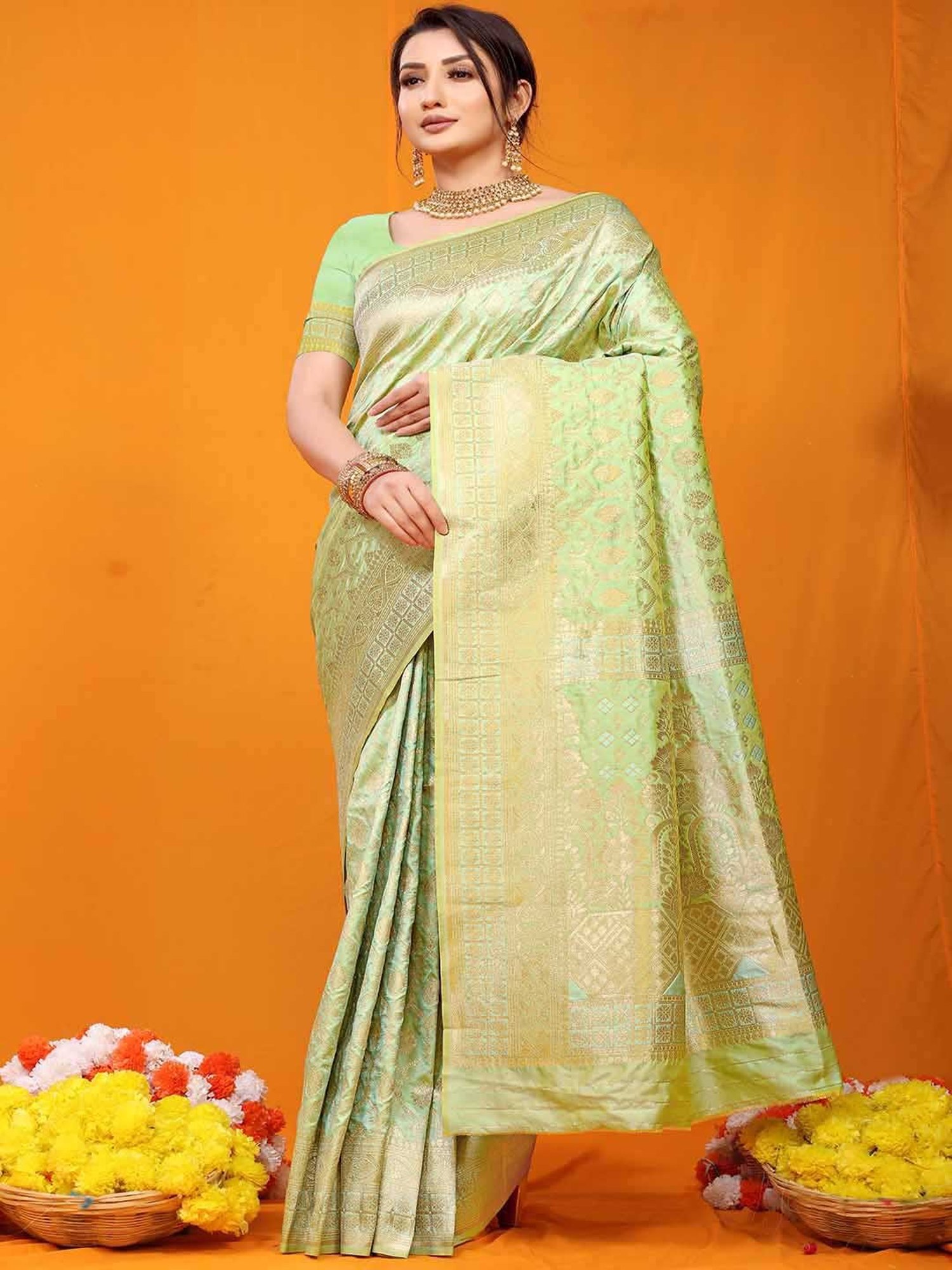 SHUBHKALA Pista Green Silk Woven Saree With Unstitched Blouse