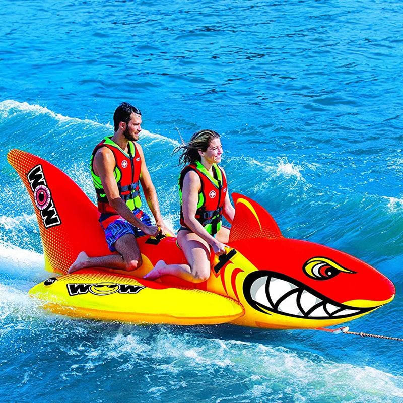 WOW Watersports 20-1040 Inflatable Big Shark Towable Stable 2 Person Entertaining Tube for Boating with Secure Seating and Webbed Foam Handles, Red