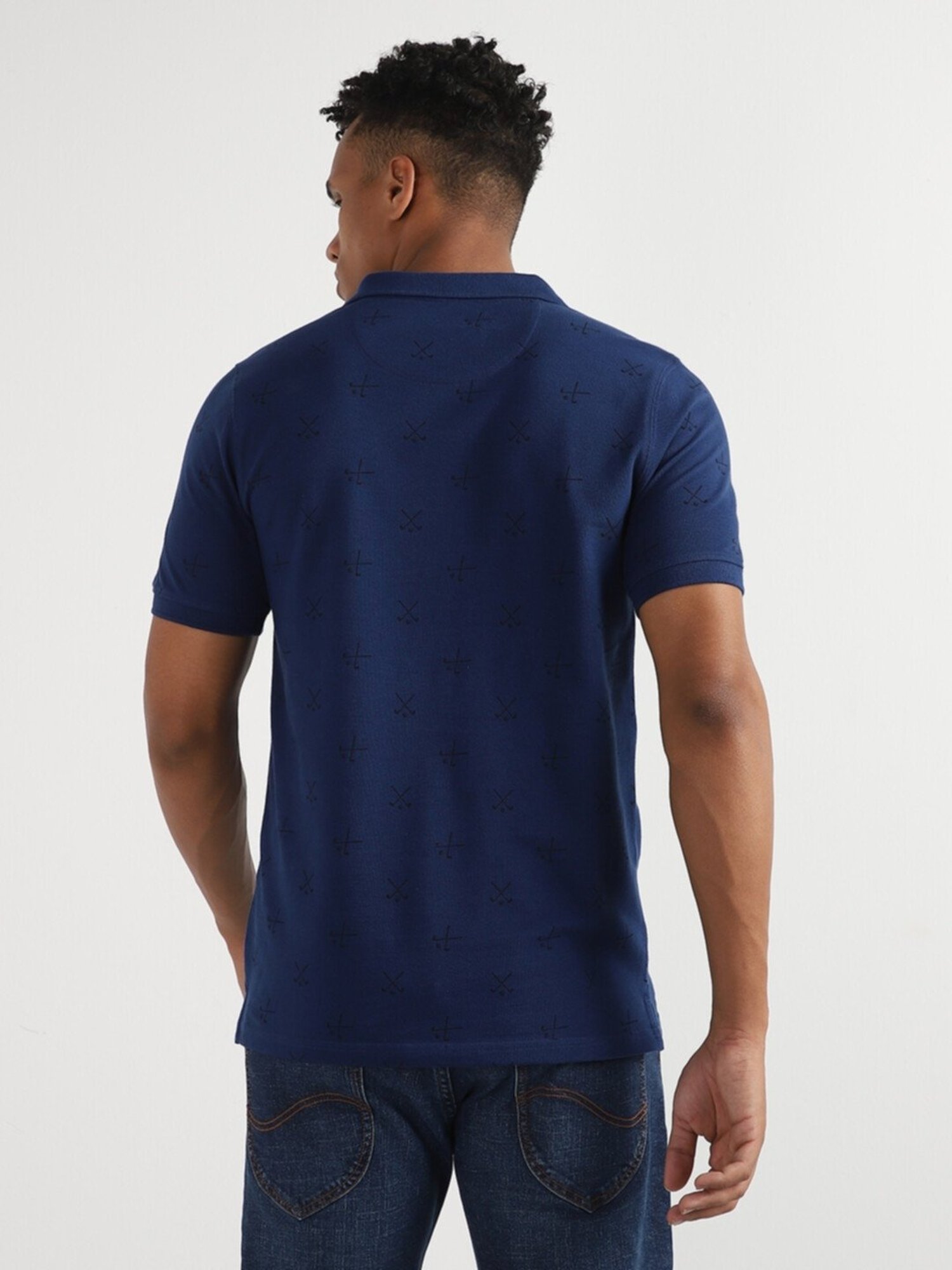 Lee Navy Cotton Slim Fit Printed Polo T-Shirt