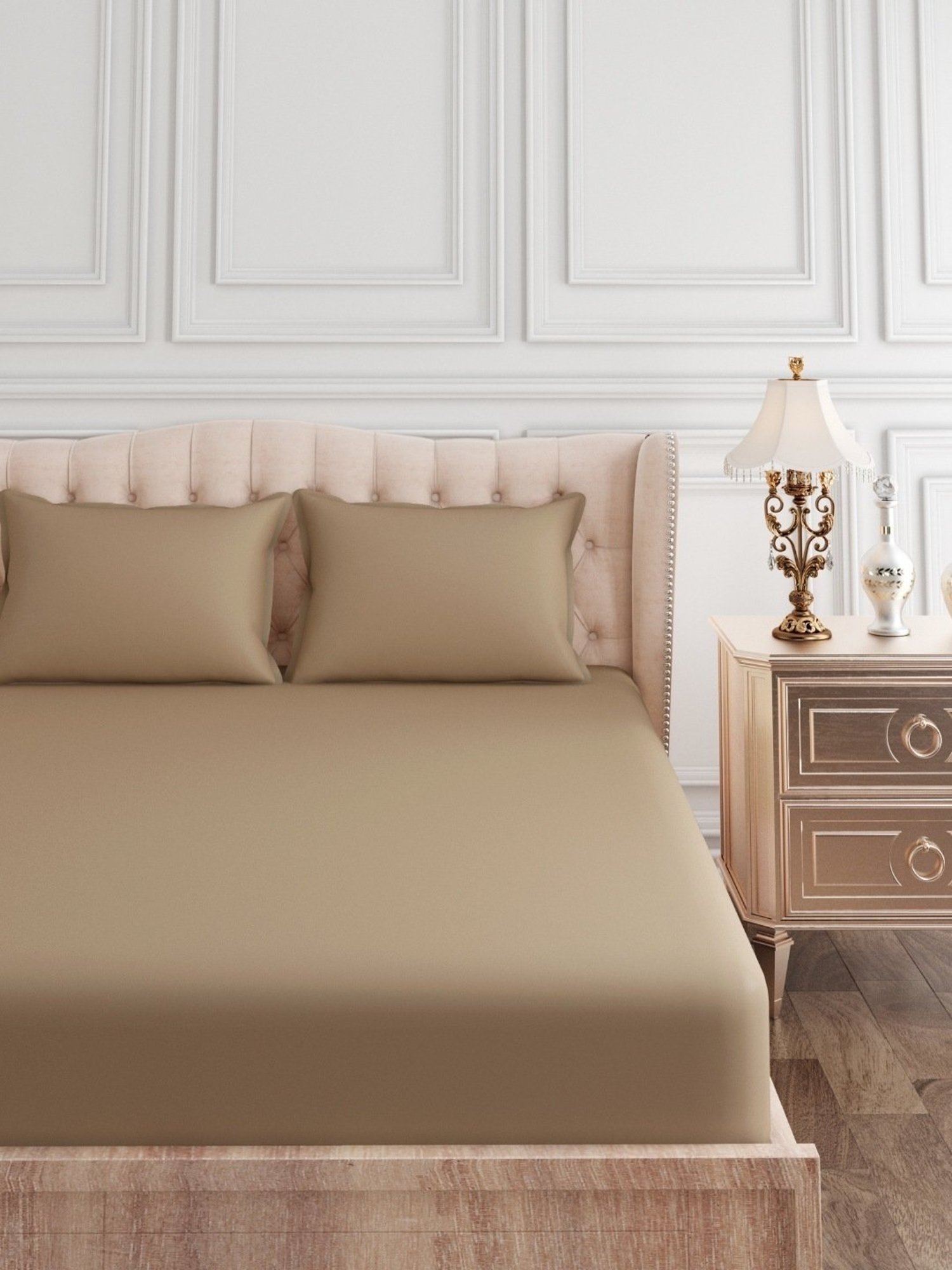 SEJ by Nisha Gupta Solid Brown 300 TC Cotton King Bed Sheet with 2 Pillow Covers