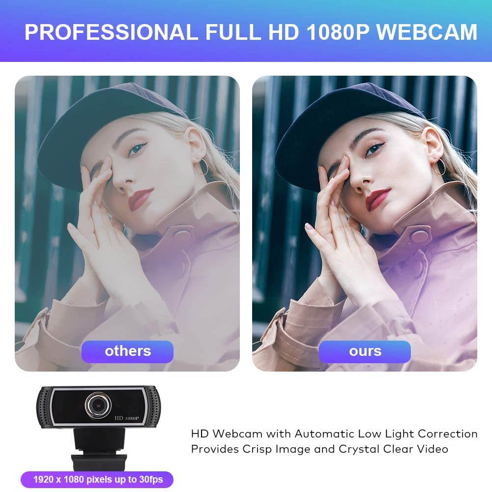 HD Webcam 1080p with Microphone, Plug and Play USB Web Camera with Facial-Enhancement for Streaming, Video Conferencing and Recording, Compatible with Desktop, Computer, PC and Laptop