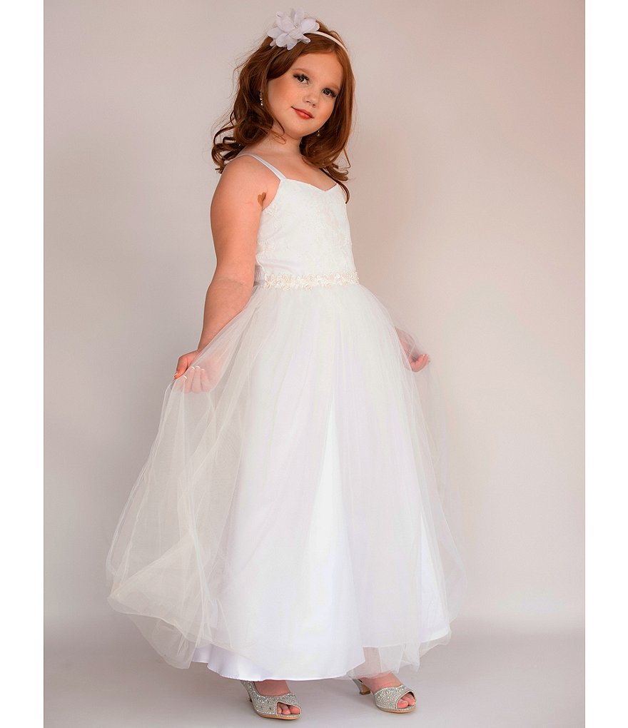 Us Angels Big Girls 6-14 Cap-Sleeve Lace Beaded Mesh Communion Dress