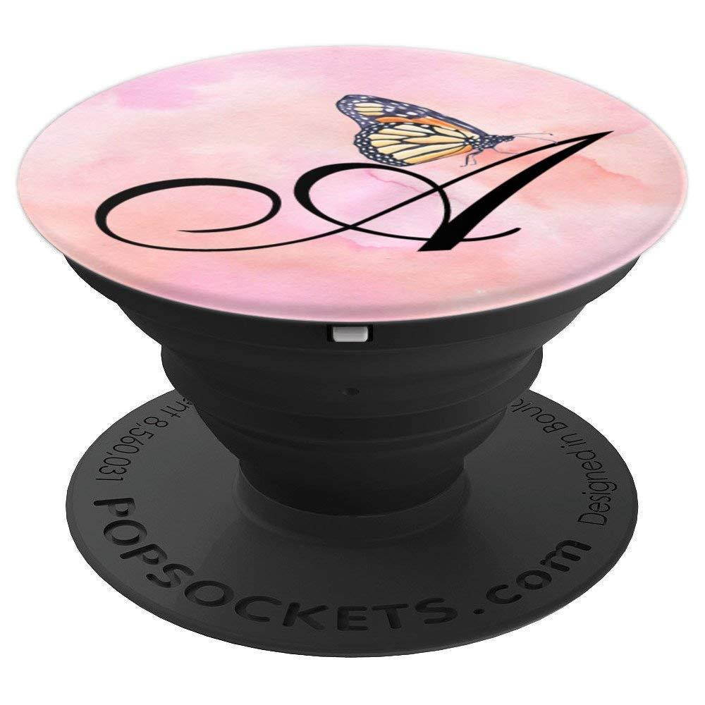 Initial "A" Pop Socket Capital Letter with Butterfly on Pink - PopSockets Grip and Stand for Phones and Tablets