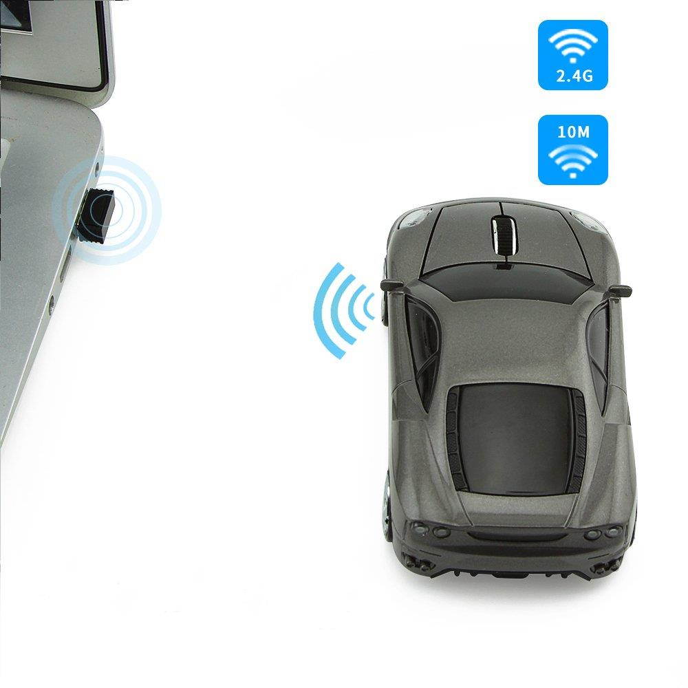 Usbkingdom 2.4GHz Cool Sport Car Shape Wireless Mouse Optical Cordless Mice with USB Receiver for PC Laptop Computer 1600 DPI 3 Buttons (Gray)
