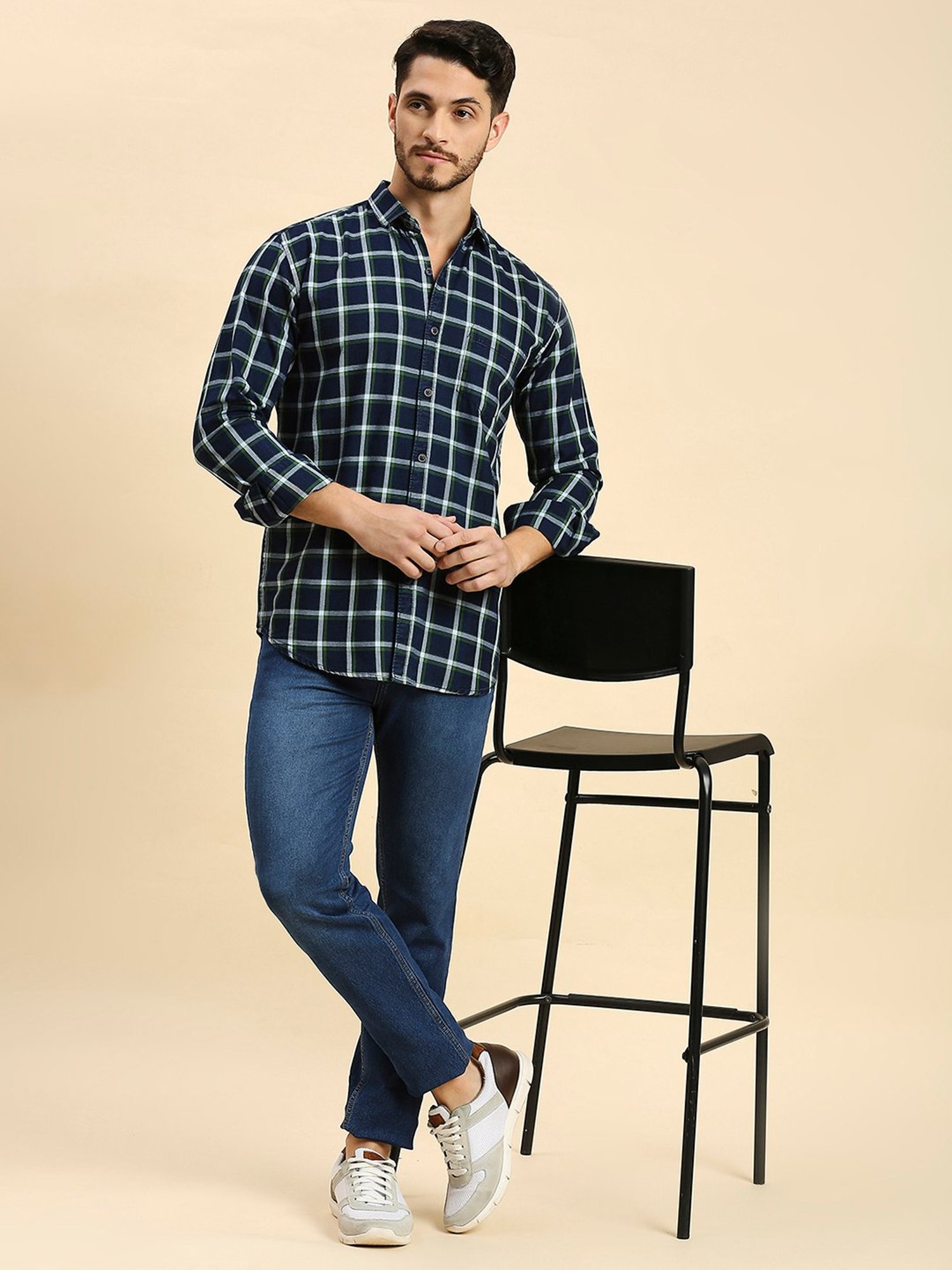 HJ HASASI Navy Slim Fit Check Cotton Shirt