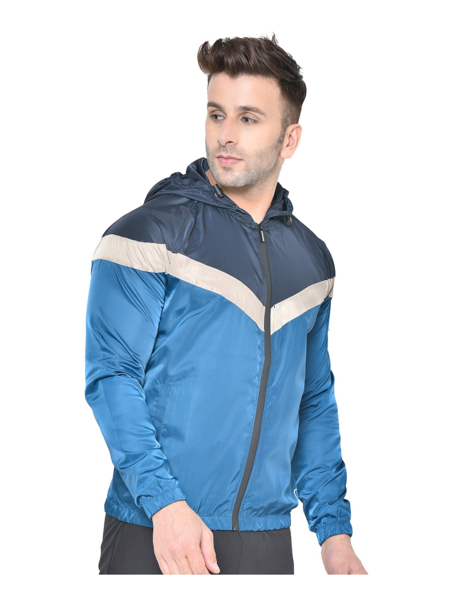 Chkokko Navy Blue Regular Fit Colour Block Hooded Jacket