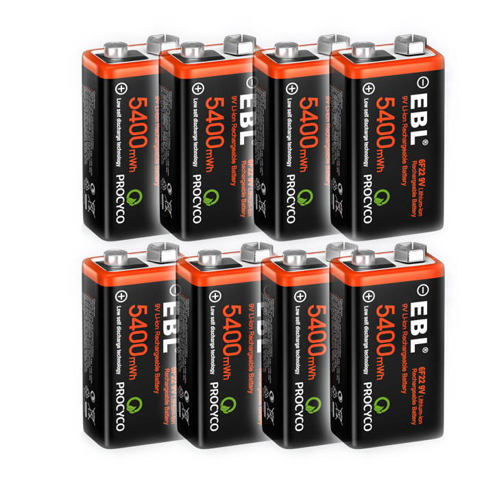 8 Pack EBL USB  5400mWh 9V Rechargeable Lithium Battery,Durable LI-ion Batteries with Micro Charging Cable, Quick Charge in 2 Hours