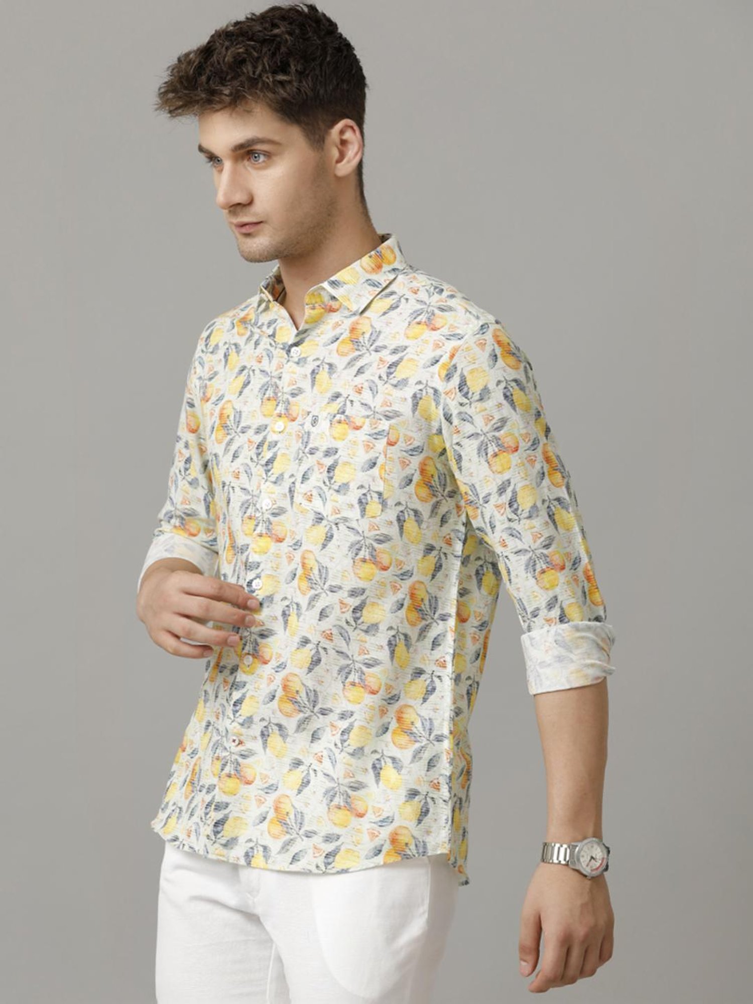 Linen Club Yellow Linen Contemporary Fit Printed Shirt