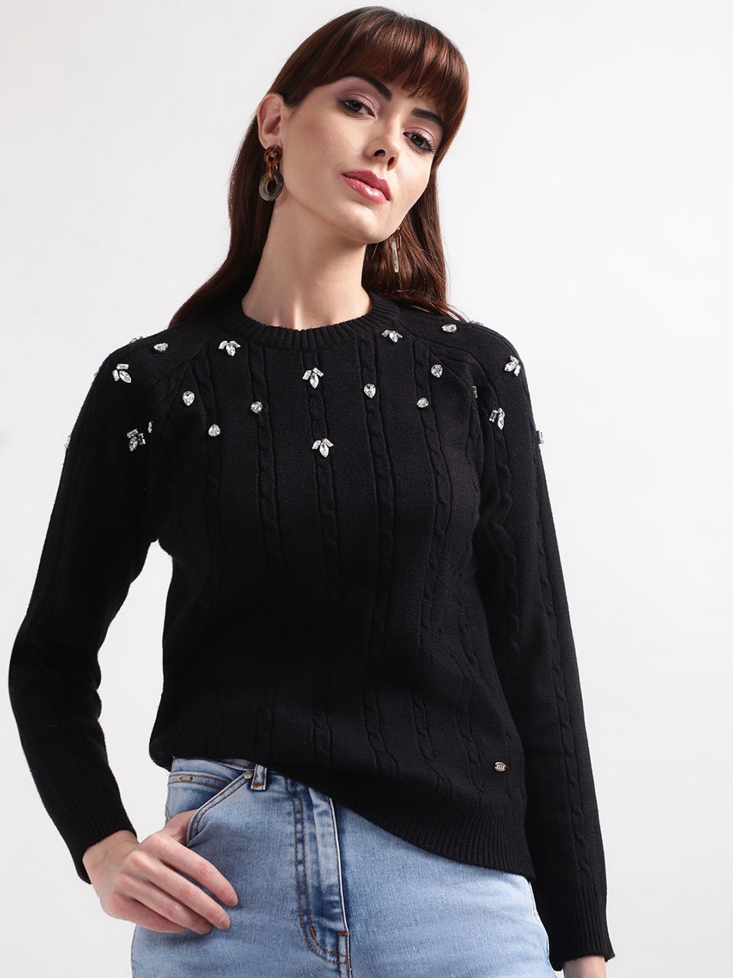 Elle Black Cotton Embellished Sweater
