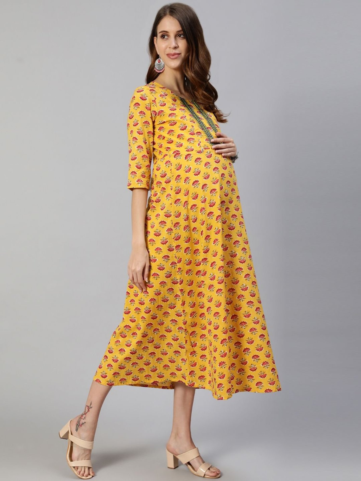 Anubhutee Yellow Cotton Embellished Maternity Dress