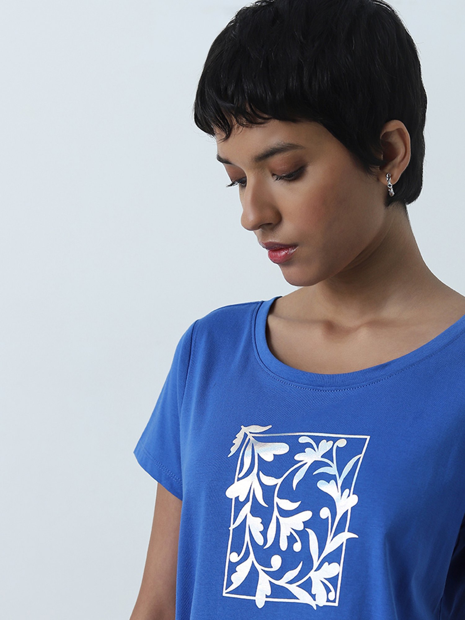 LOV by Westside Blue Floral Printed Cotton T-Shirt