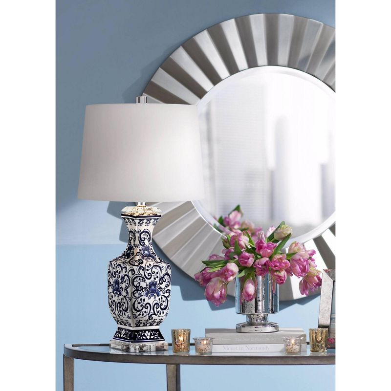 Barnes and Ivy Asian Table Lamps Set of 2 Porcelain Blue Floral Jar Geneva White Drum Shade for Living Room Family Bedroom Bedside