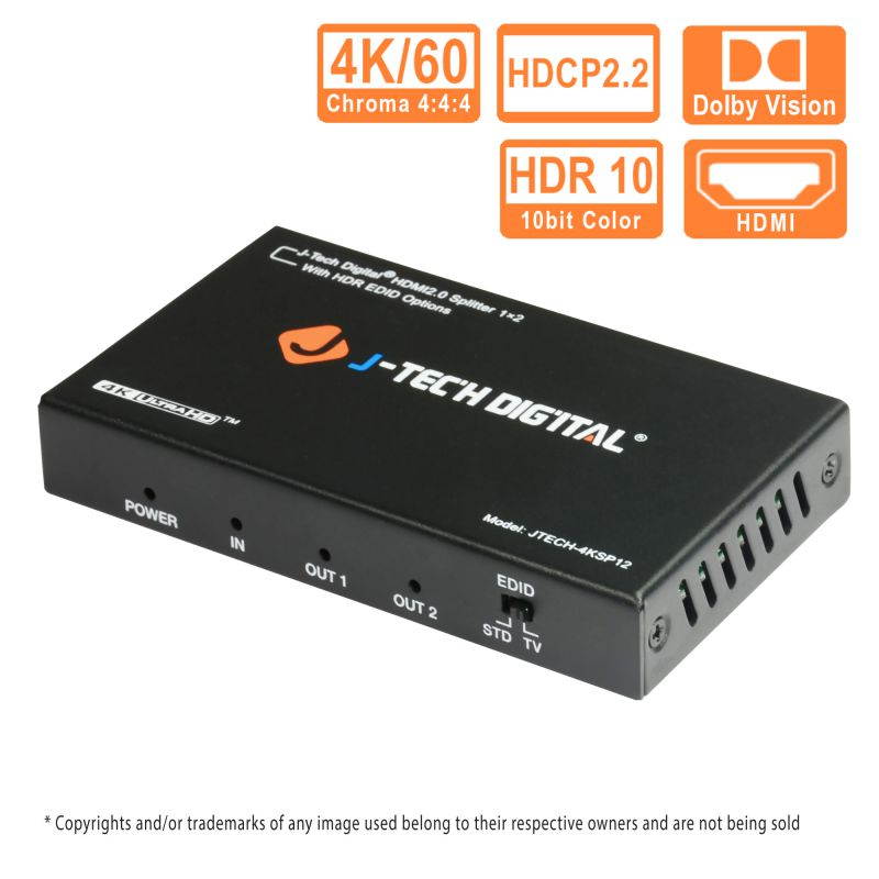 HDMI Splitter 1 in 2 out 18Gbps 4K@60Hz HDR10, DOLBY VISION by J-Tech Digital HDMI 2.0b, HDCP 2.2 compliant with smart EDID control, supports VESA video formats [JTECH-4KSP12]