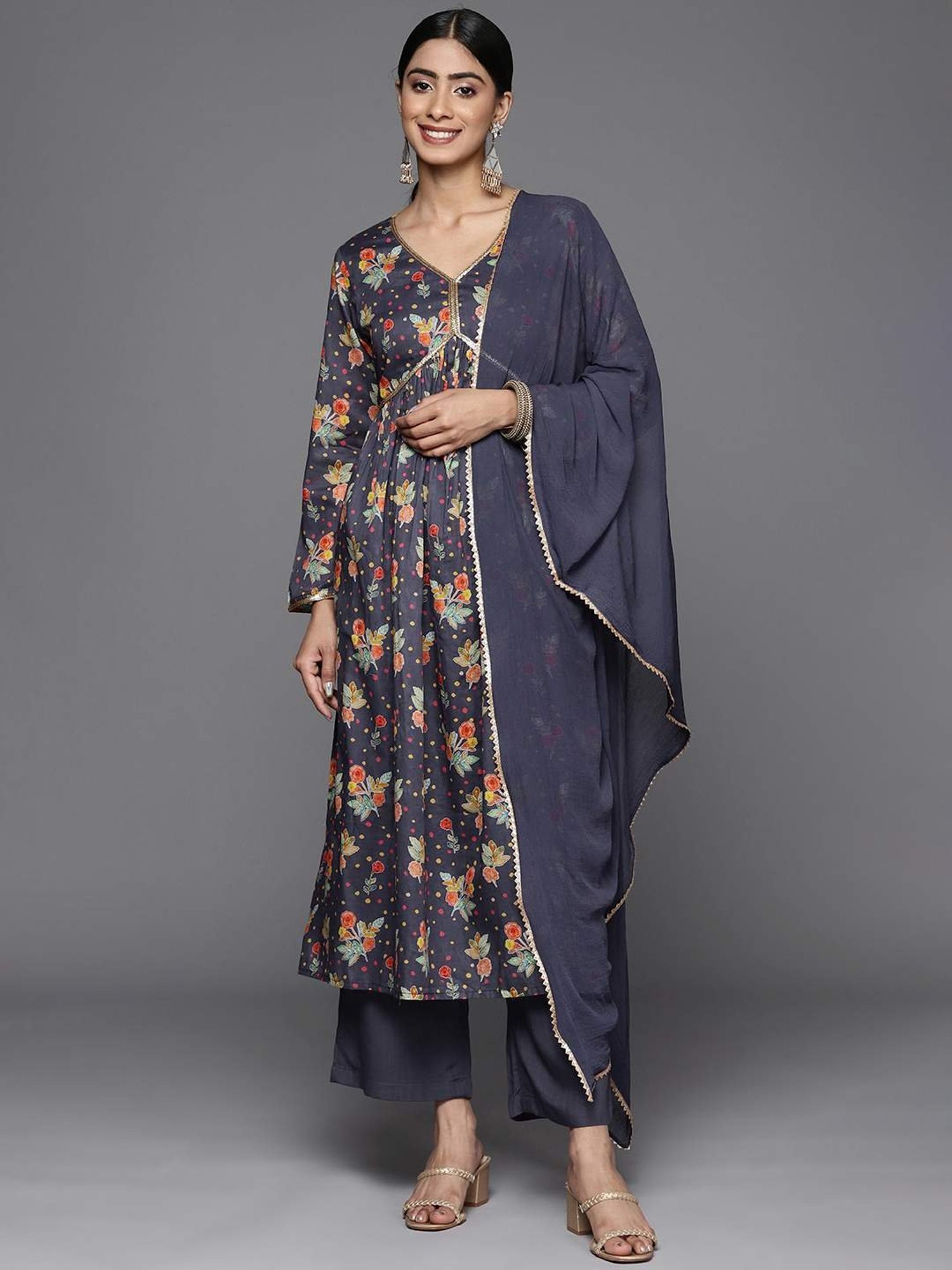Varanga Blue Cotton Printed Kurta Pant Set With Dupatta
