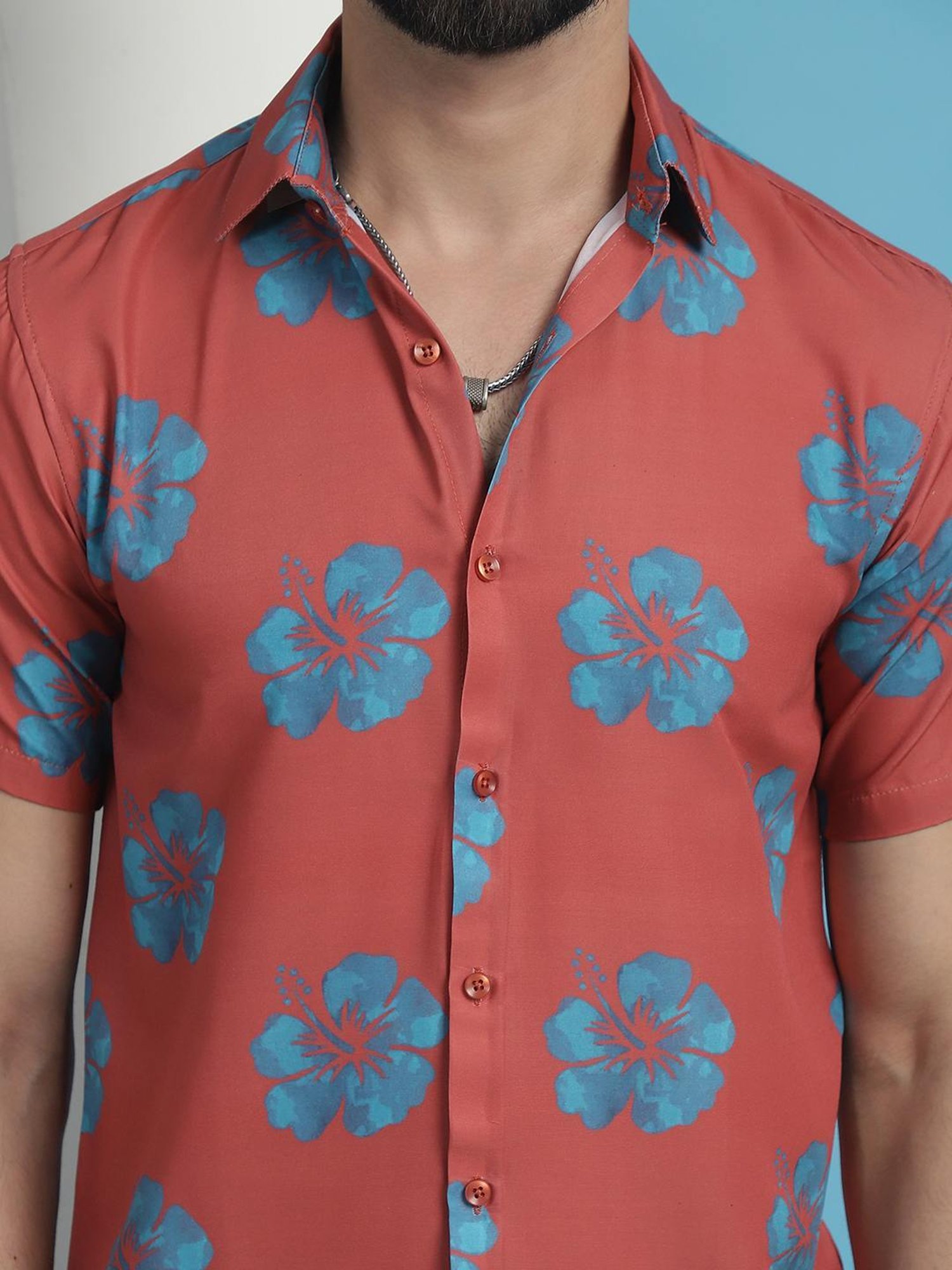 Indian Needle Coral Cotton Regular Fit Floral Print Shirt