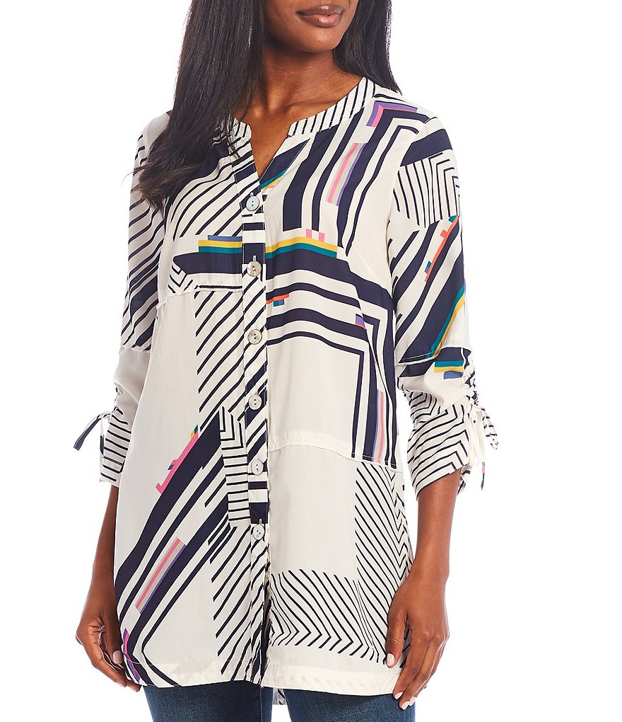 John Mark Split Neck Banded Collar Shirred Sleeve Tunic