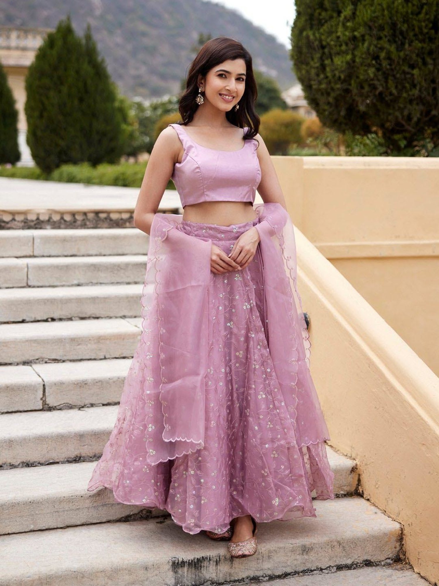 Geroo Jaipur Onion Pink Sequins Embroidery Organza Lehenga Set