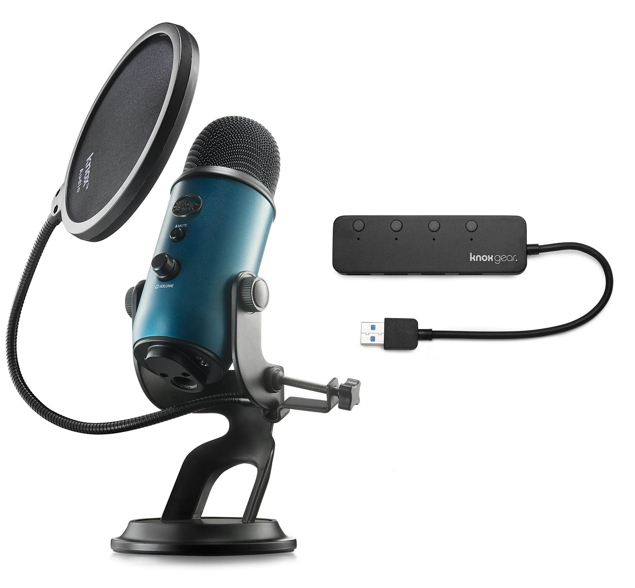 Blue Microphones Yeti Teal USB Mic with Knox Gear USB Hub and Knox Pop Filter