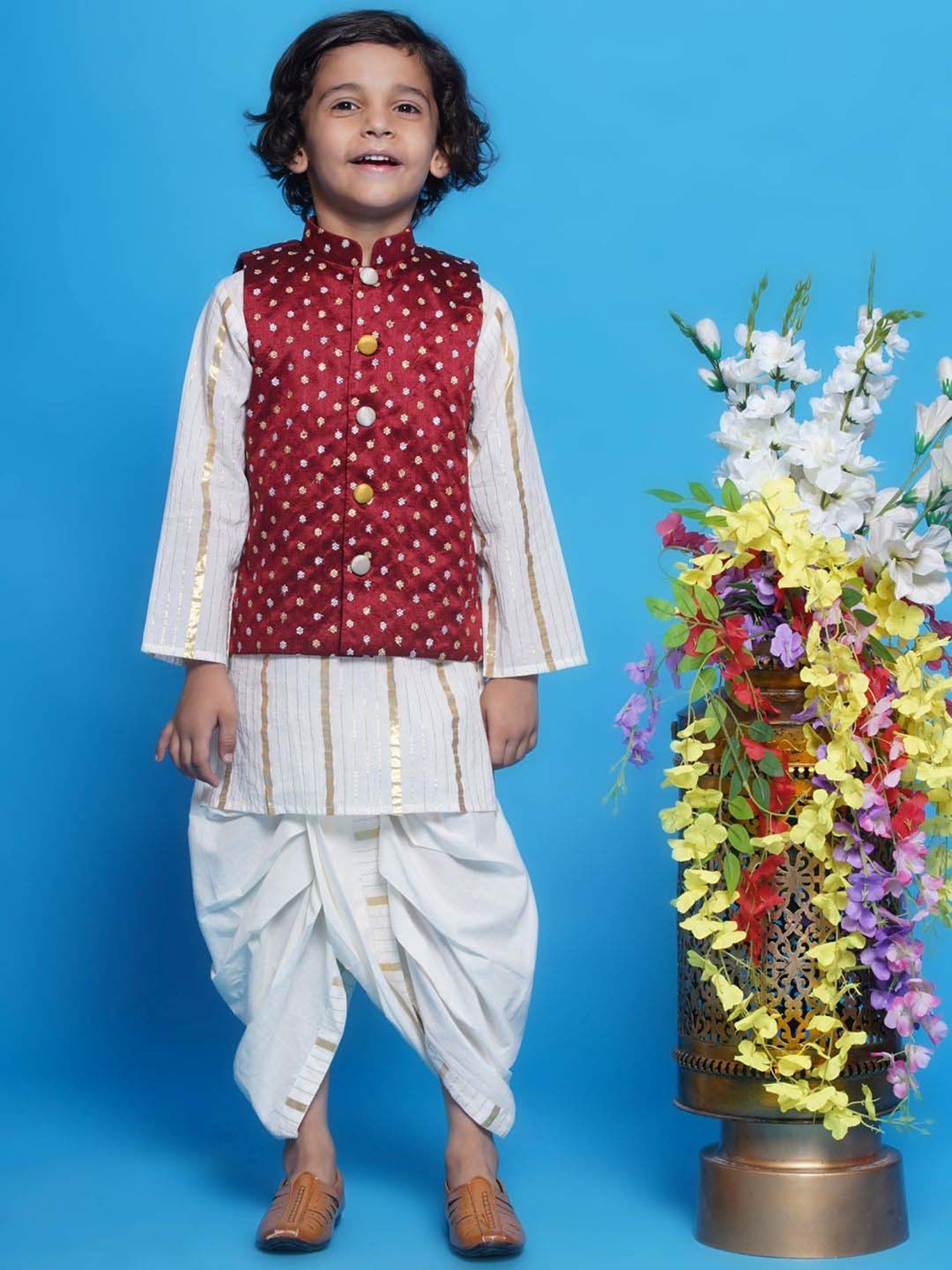 Little Bansi Boys Multicolor Cotton Self Full Sleeves Kurta Set