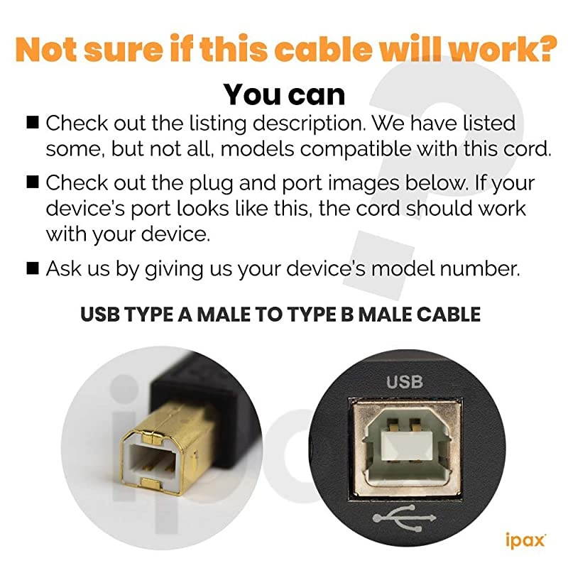 HiSpeed 10 Ft USB Cable Compatible with Brother HLL2350DW Epson XP440 XP340 WorkForce Pro WF3720 WF2760 Canon Pixma MX922 MX492 HP Printer