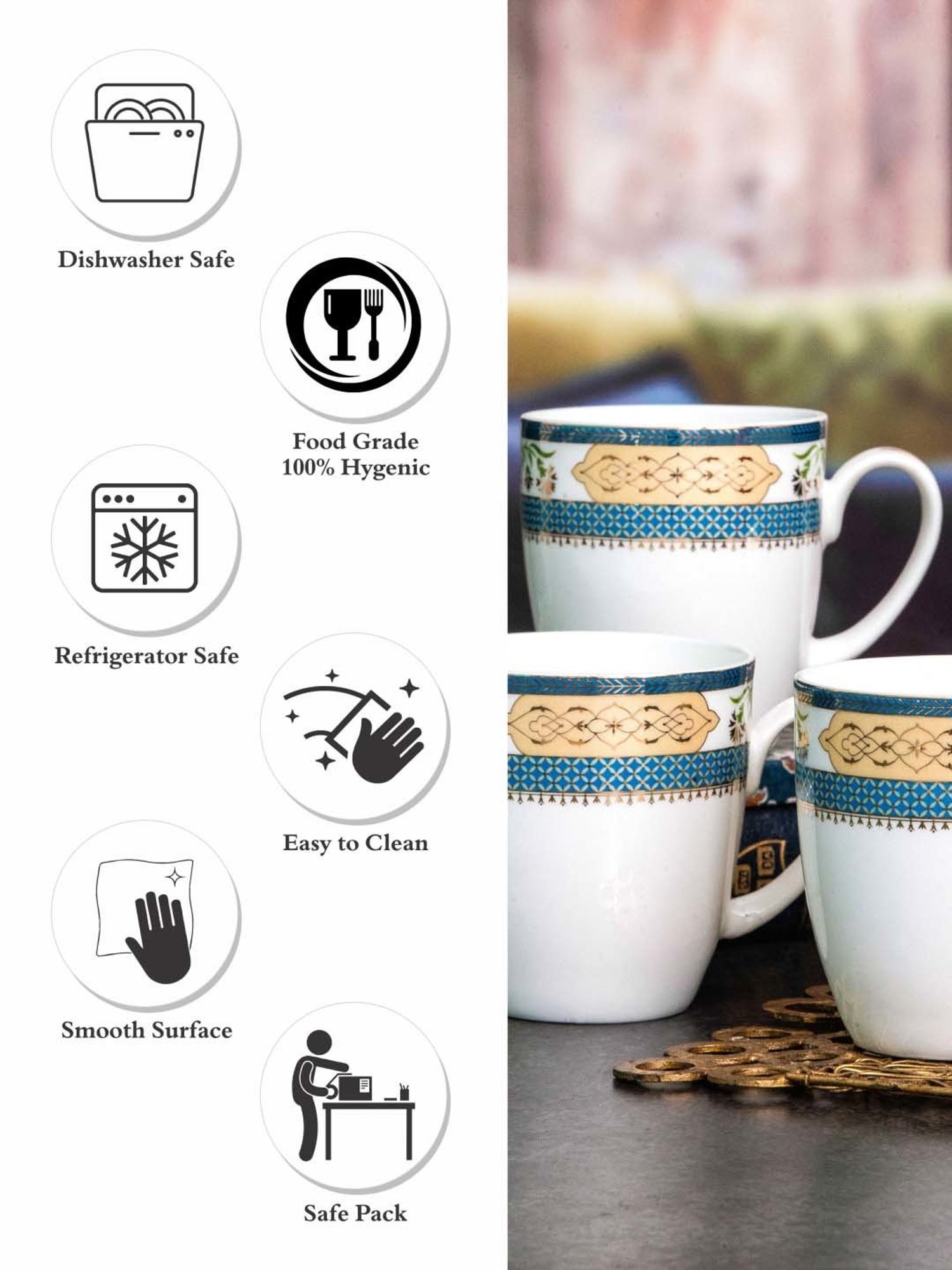 SONAKI White & Blue Bone China Tea Coffee Mug With Gold Printing - Set of 6