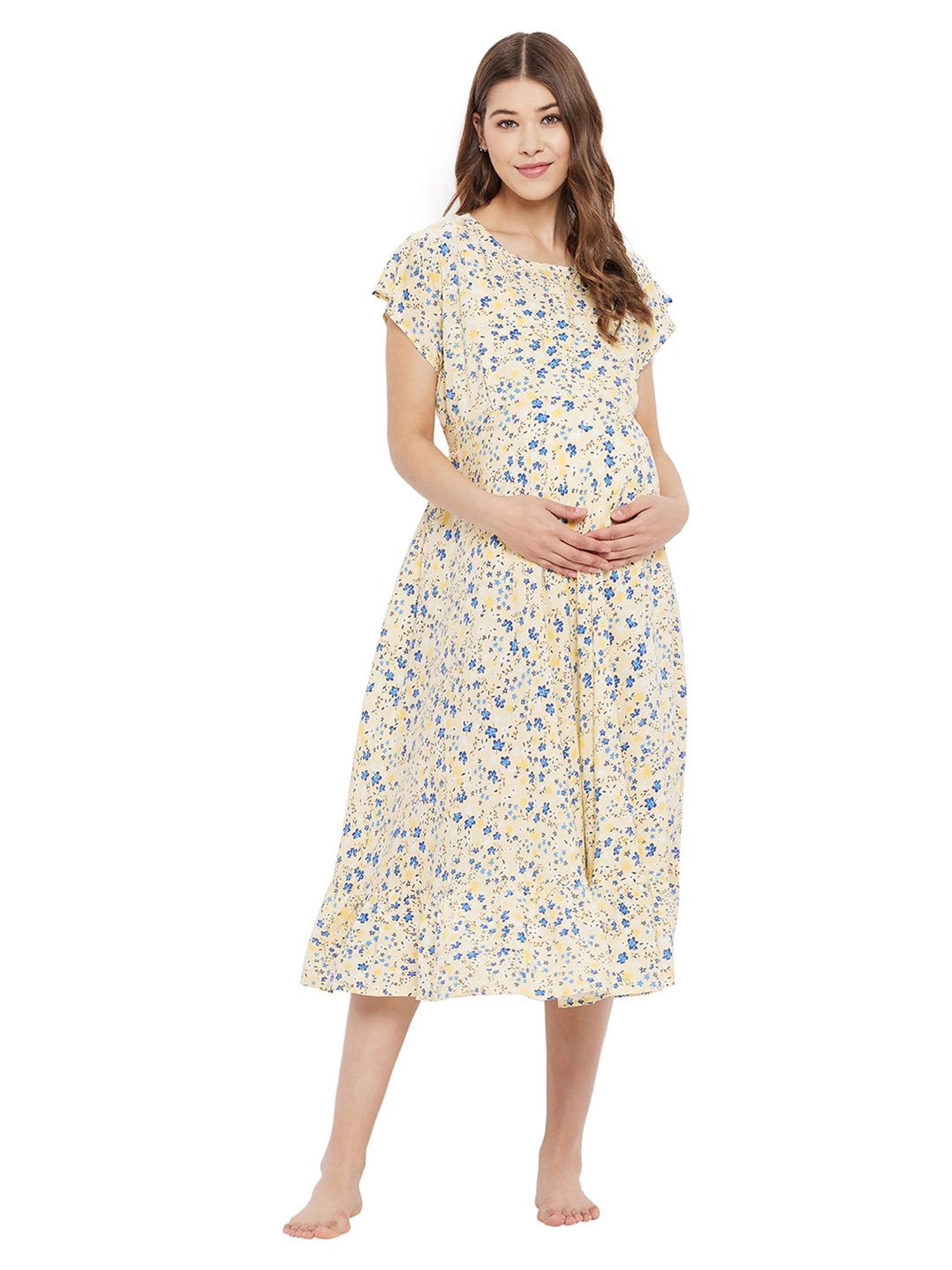 Hypernation Yellow Floral Print Maternity Night Dress