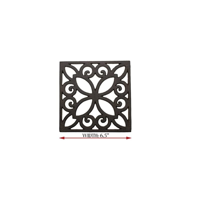 Decorative Cast Iron Trivet for Kitchen Or Dining Table | Square with Vintage Pattern - 6.5 x 6.5 | with Rubber Pegs/Feet - Recycled Metal - Vintage, Rustic Design - Rust Brown Color