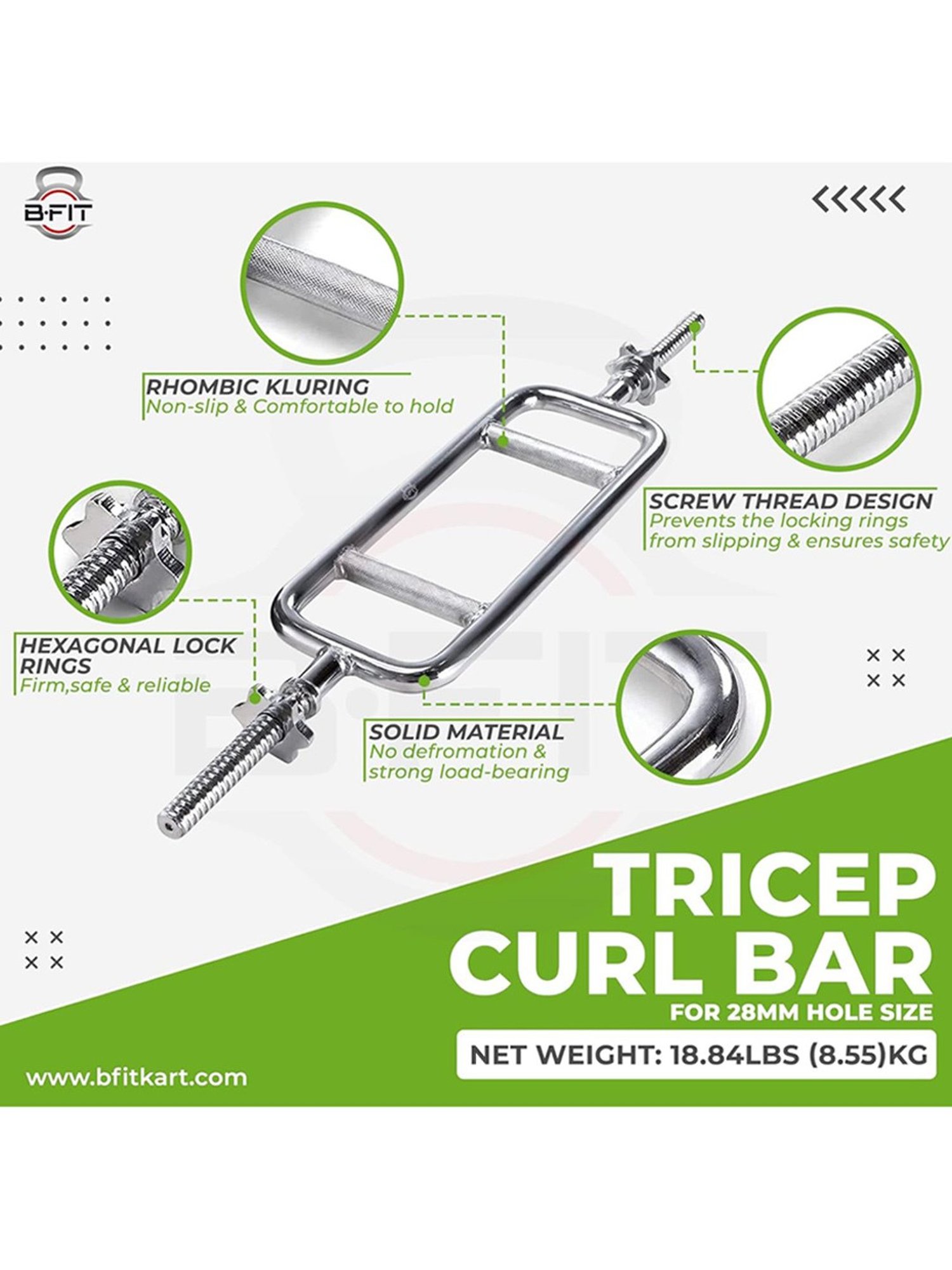 B Fit Threaded Solid Chrome Triceps Bar for Weightlifting and Bodybuilding Dia 28 mm (Silver)