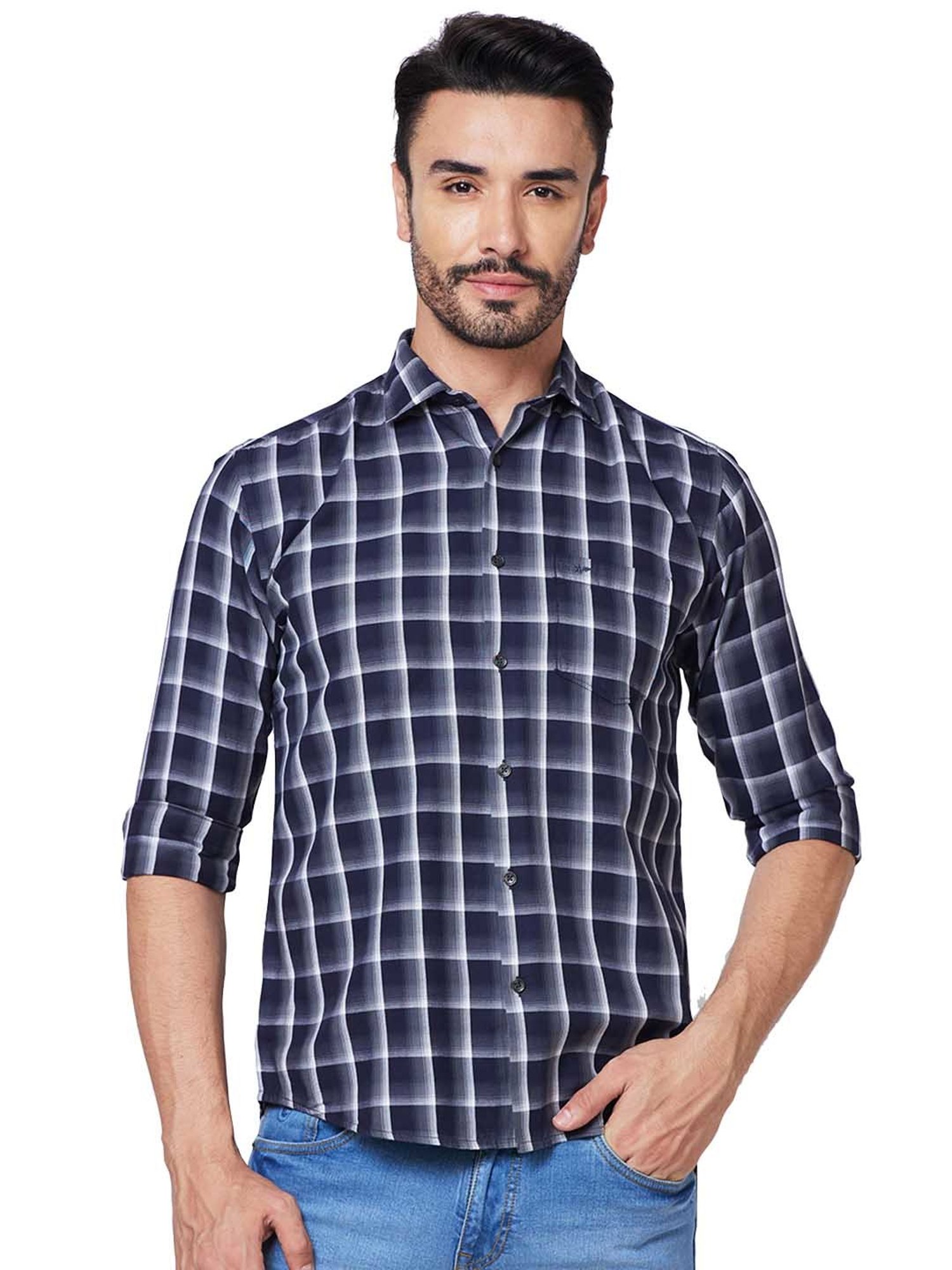 Park Avenue Dark Blue Slim Fit Check Shirt