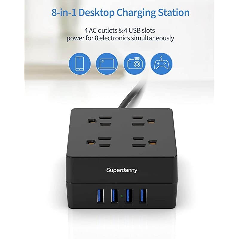 USB Power Strip Surge Protector  Mountable Charging Station with 4 Widely Spaced AC Outlets 4 Smart USB Ports 5ft Desktop Extension Cord for Home Office Hotel Dorm RV Deep Green