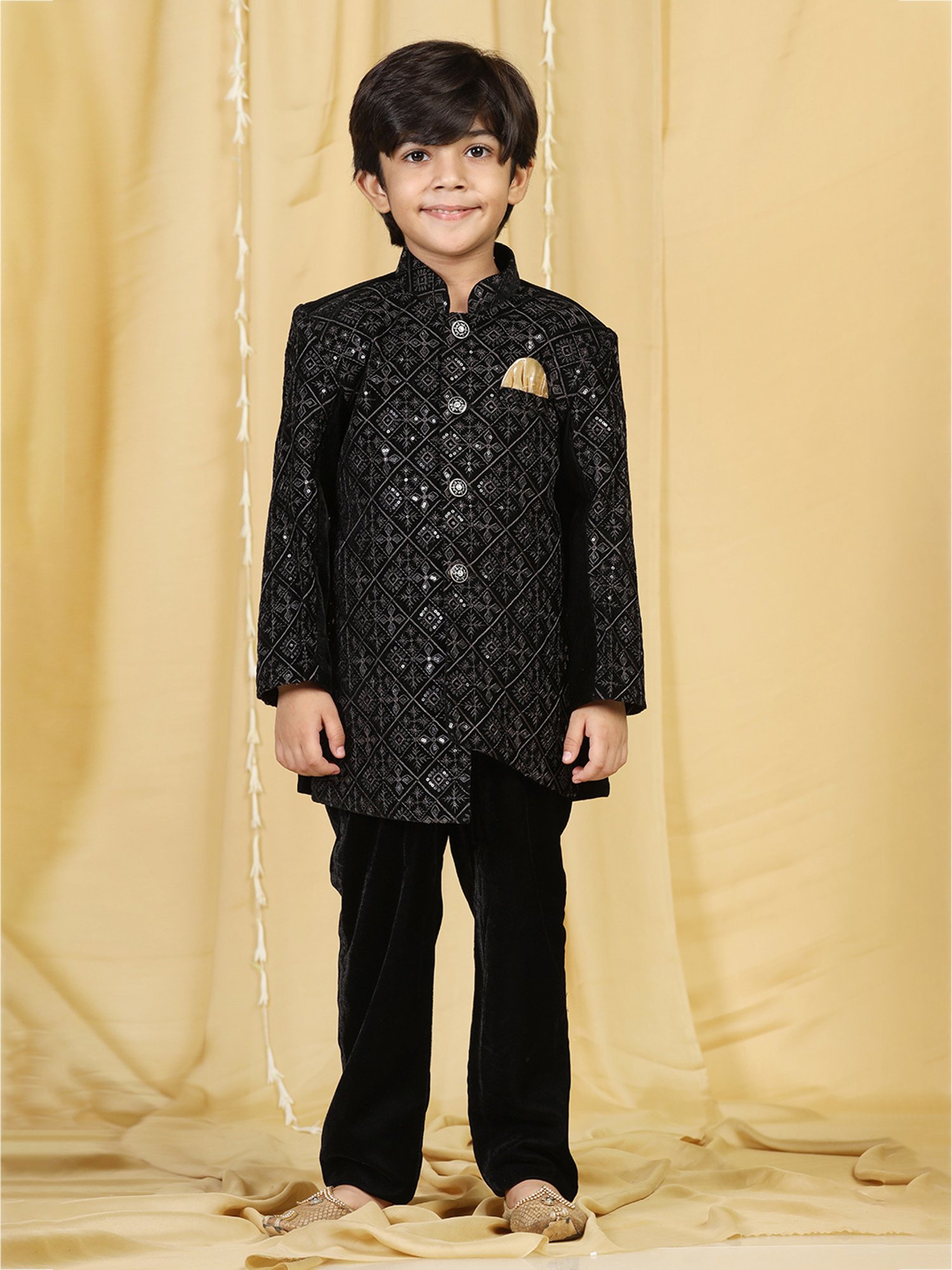 AJ Dezines Kids Black Embellished Full Sleeves Sherwani with Pants