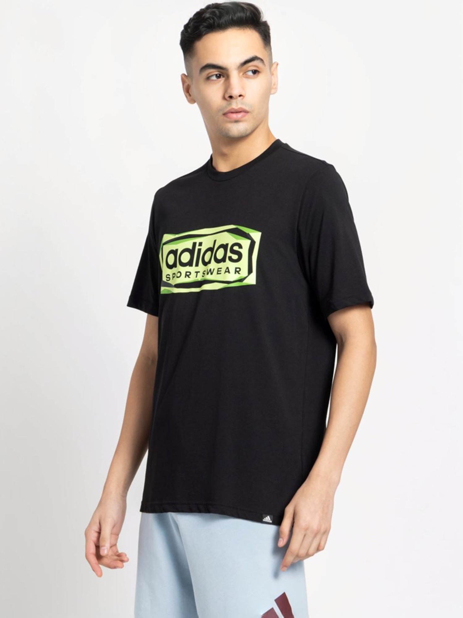 Adidas Black Cotton Regular Fit Printed Sports T-Shirt