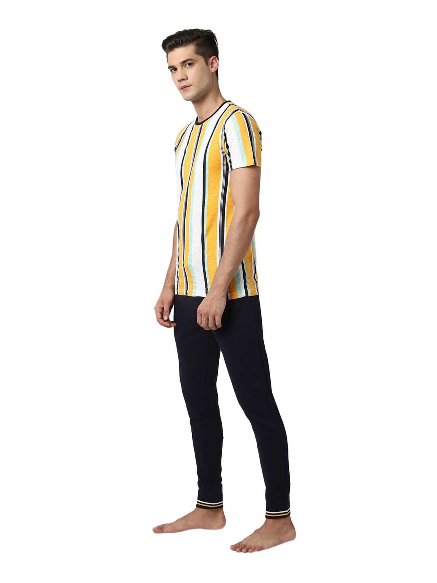 Peter England Yellow Regular Fit Striped T-Shirt & Joggers Set