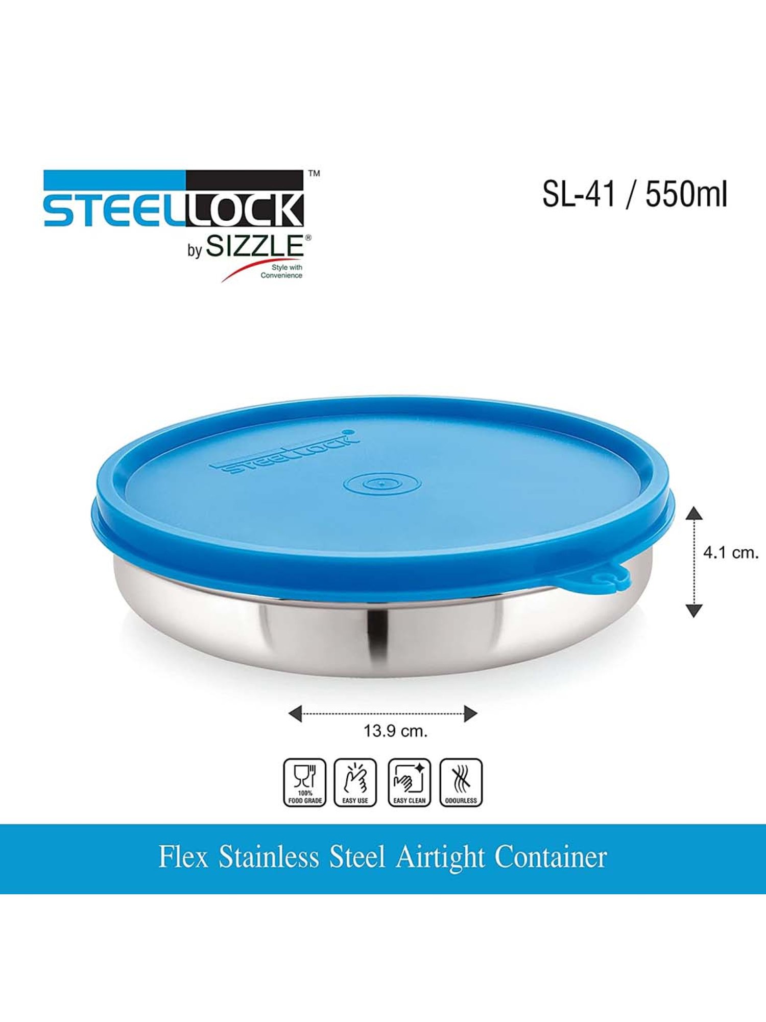 Steel Lock Blue Stainless Steel Container (0.55 L) - Set of 4