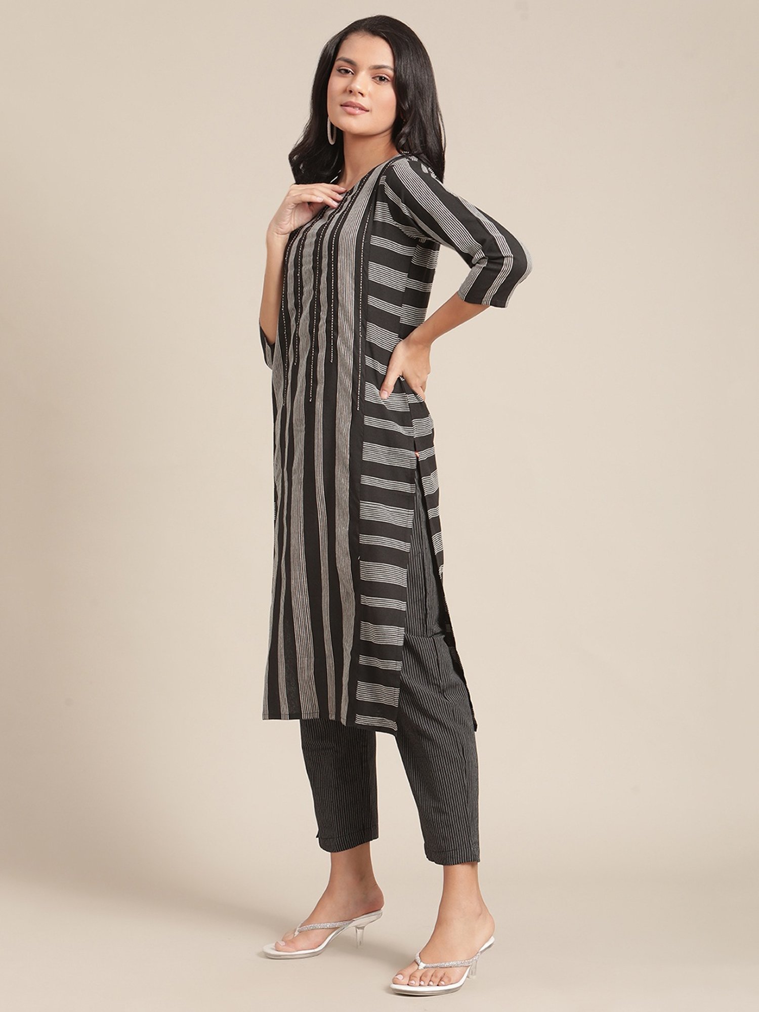 KSUT Black Cotton Blend Striped Kurta Pant Set