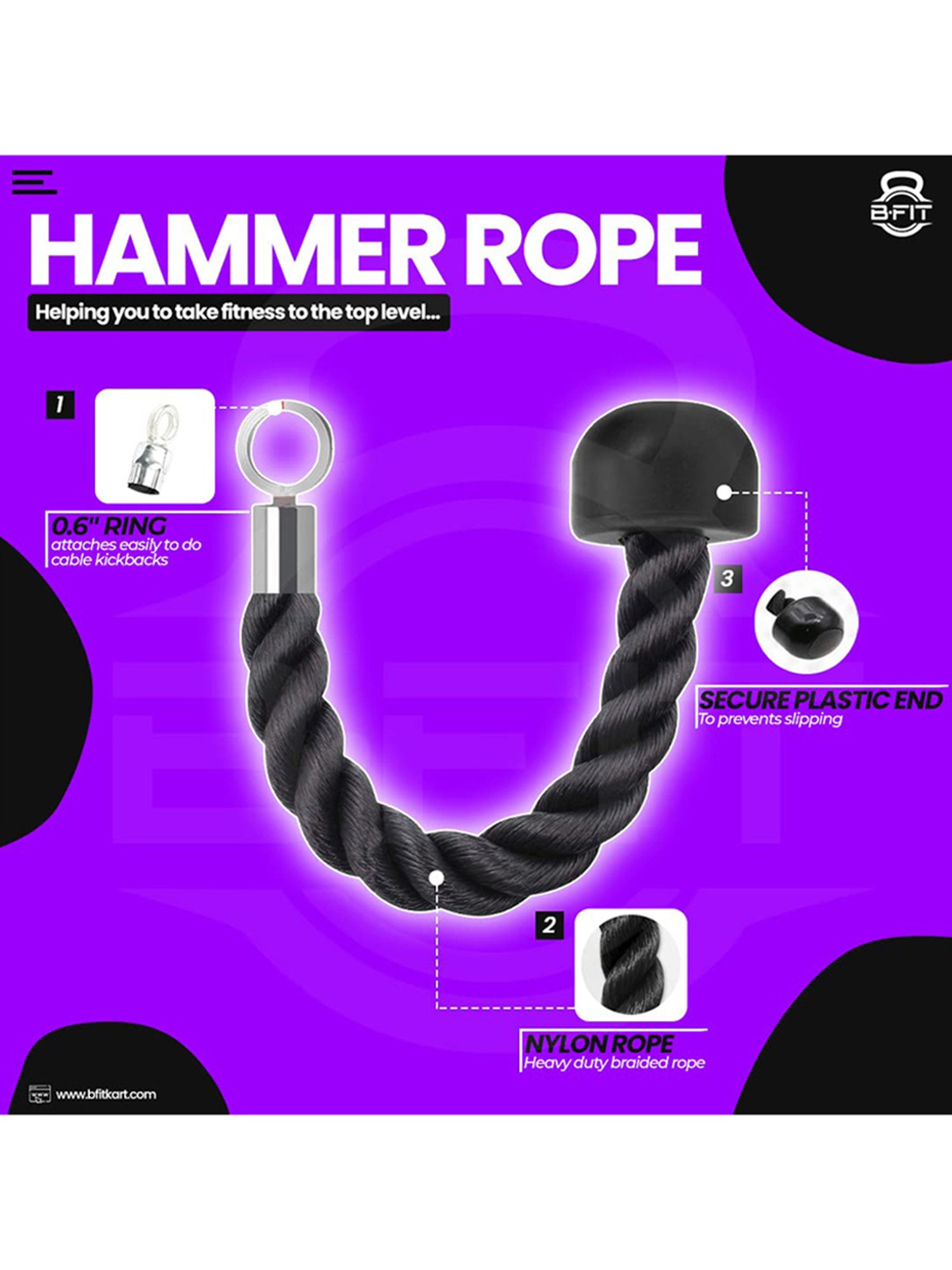 B Fit GH7149 Nylon 14.5" Single Grip Pull Down Bicep Cable Attachment Exercises Tricep Rope (Black)