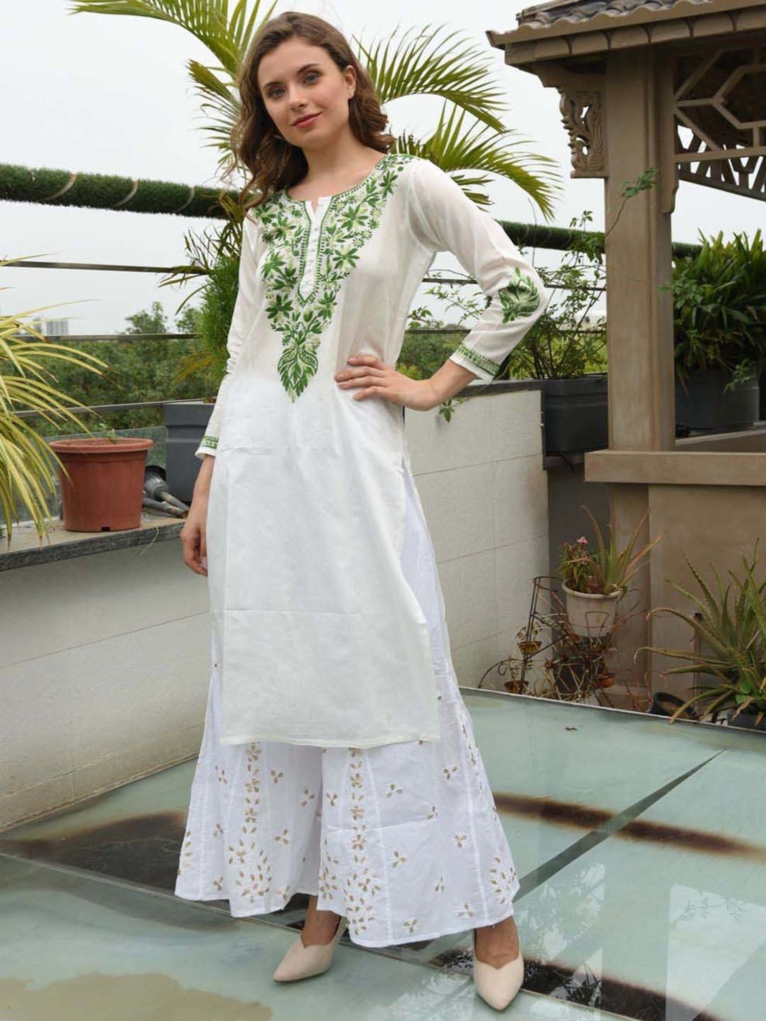 SHADES White Chanderi Chikankari Straight Kurta