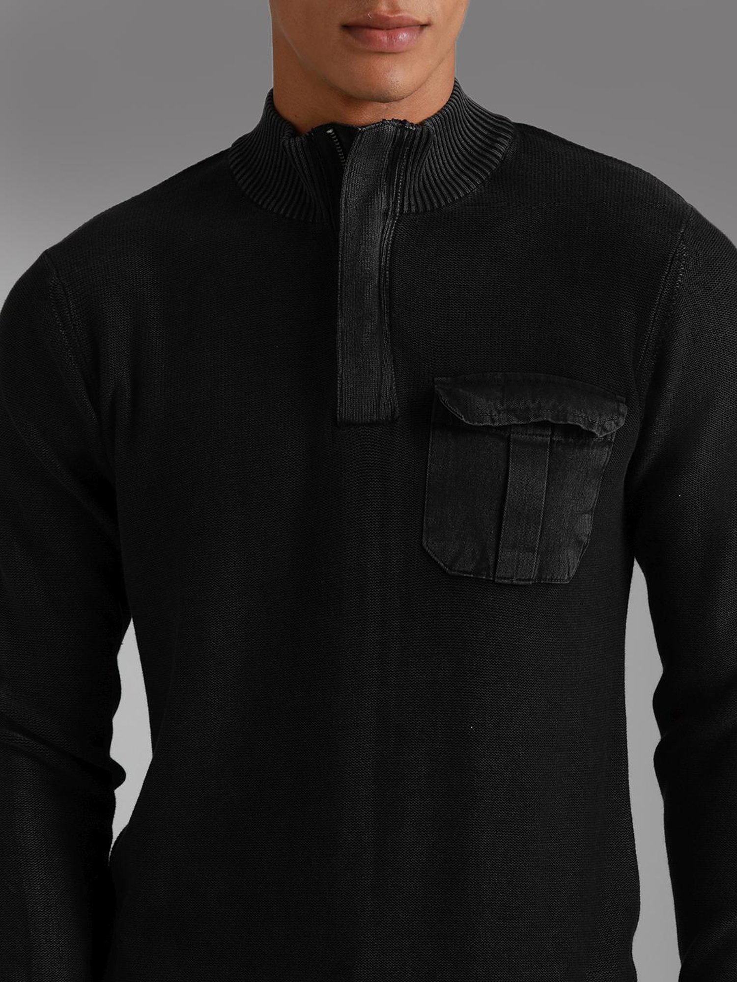 High Star Black Cotton Regular Fit Self Pattern Sweater