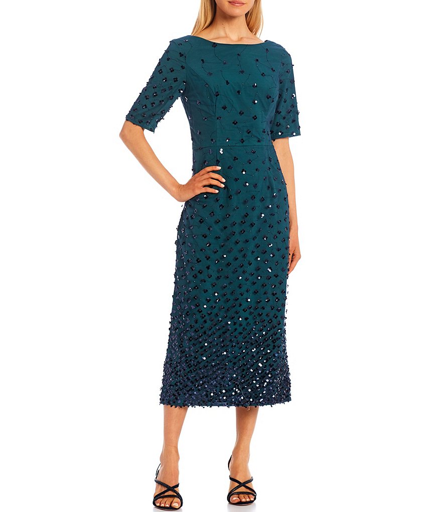 JS Collections Whitney Ombre Sequin Dot Boat Neck Short Sleeve Midi Sheath Dress