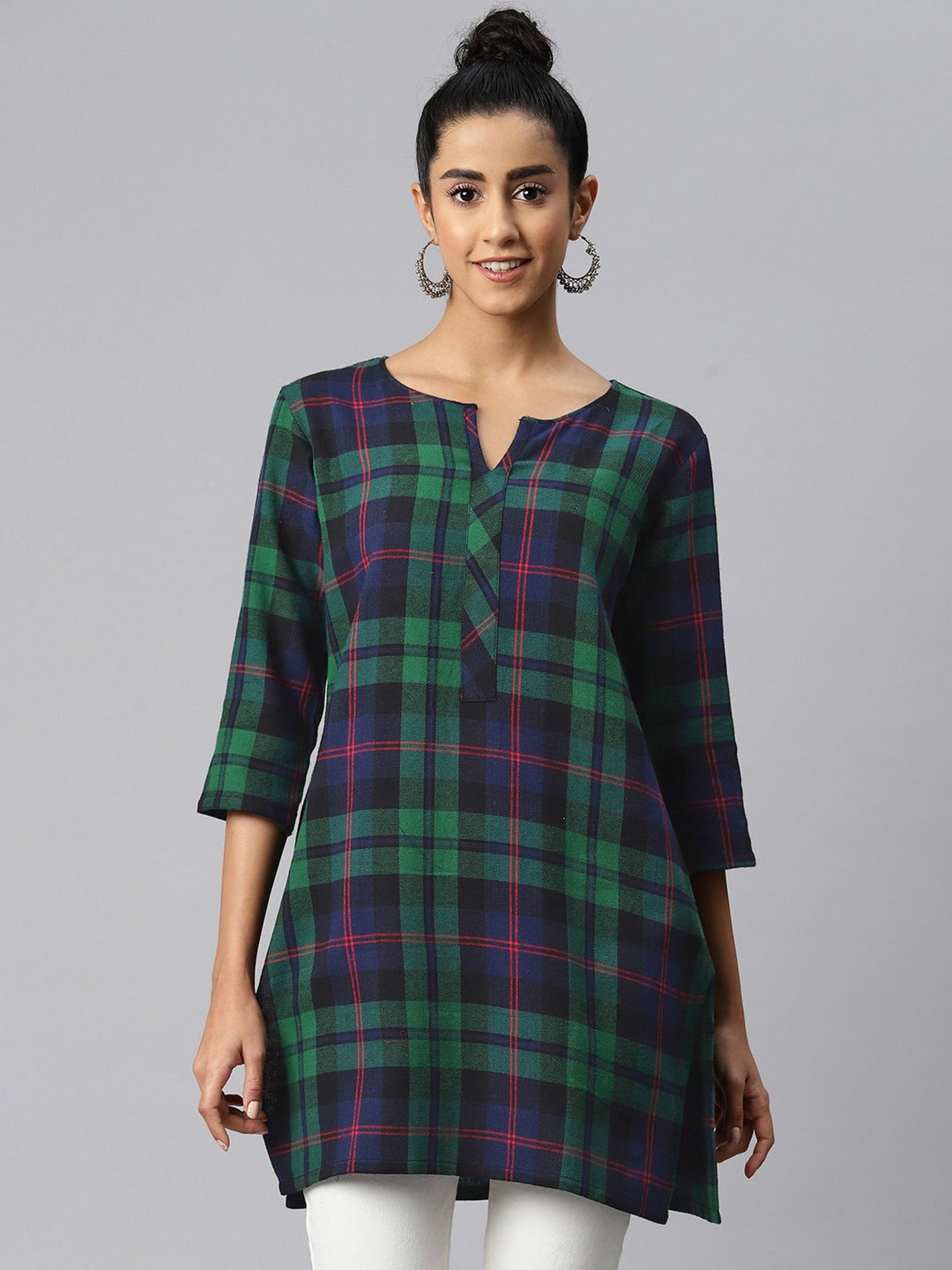 One Femme Green & Blue Check A Line Kurti