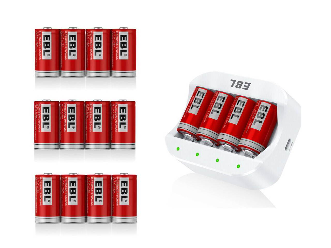 EBL  12PCS RCR123A 16340 Li-ion Battery + Smart 4 Slots Battery Charger for 16340 RCR123A Rechargeable Batteries