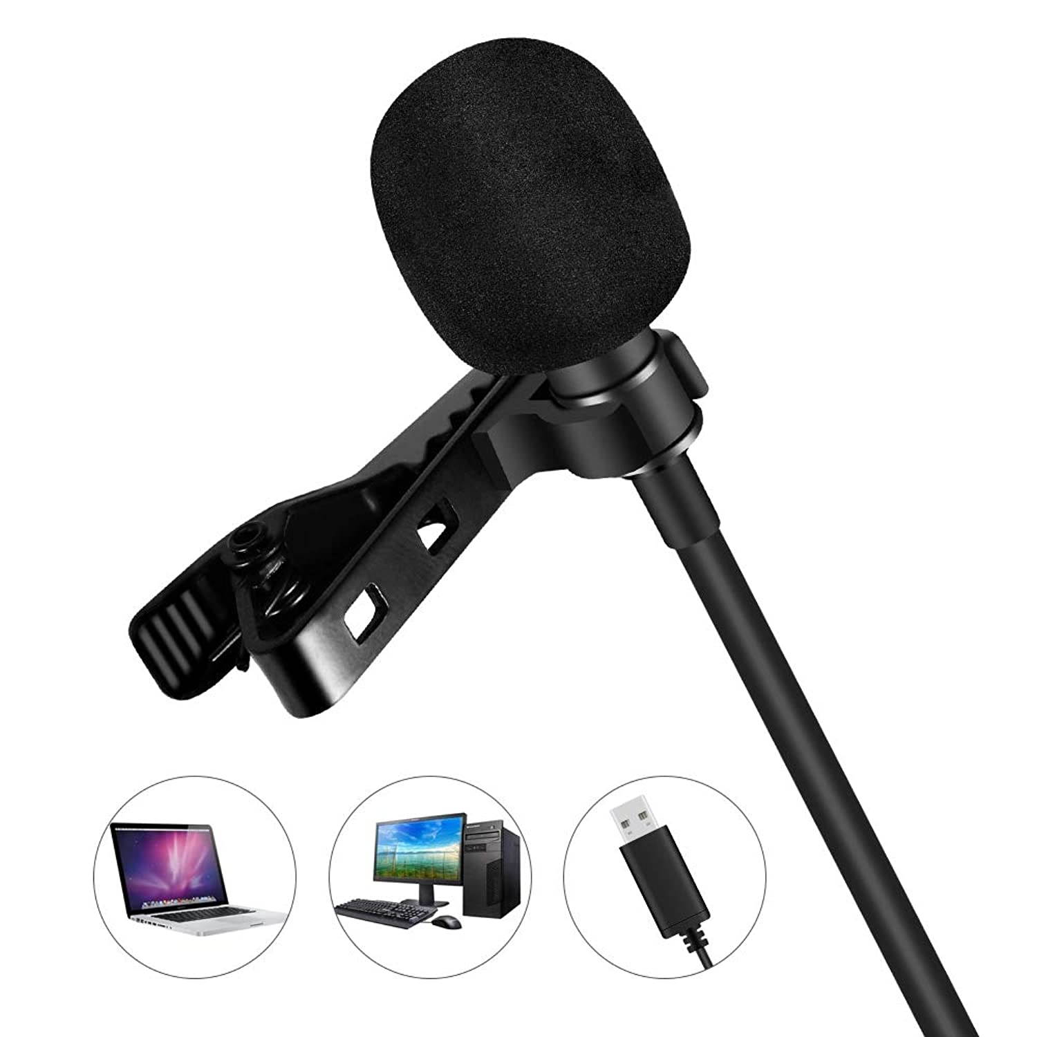 Dericam Universal Lavalier USB Microphone, Fifine Clip-on Cardioid Condenser Computer Mic, Plug and Play Omnidirectional Mic, Compatible with Laptop, Desktop, PC and Mac, M3, US