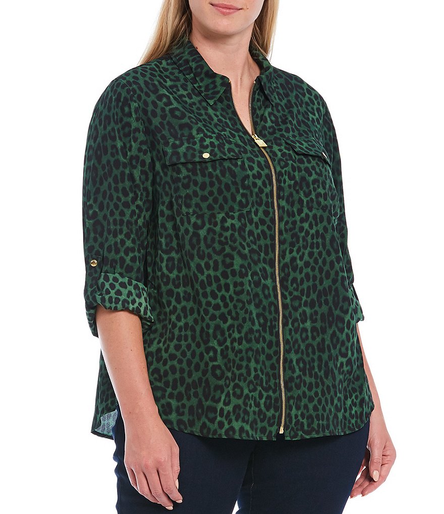 MICHAEL Michael Kors Plus Size Mega Cheetah Print Point Collar Neck Roll-Tab Long Sleeve Zip Front Top