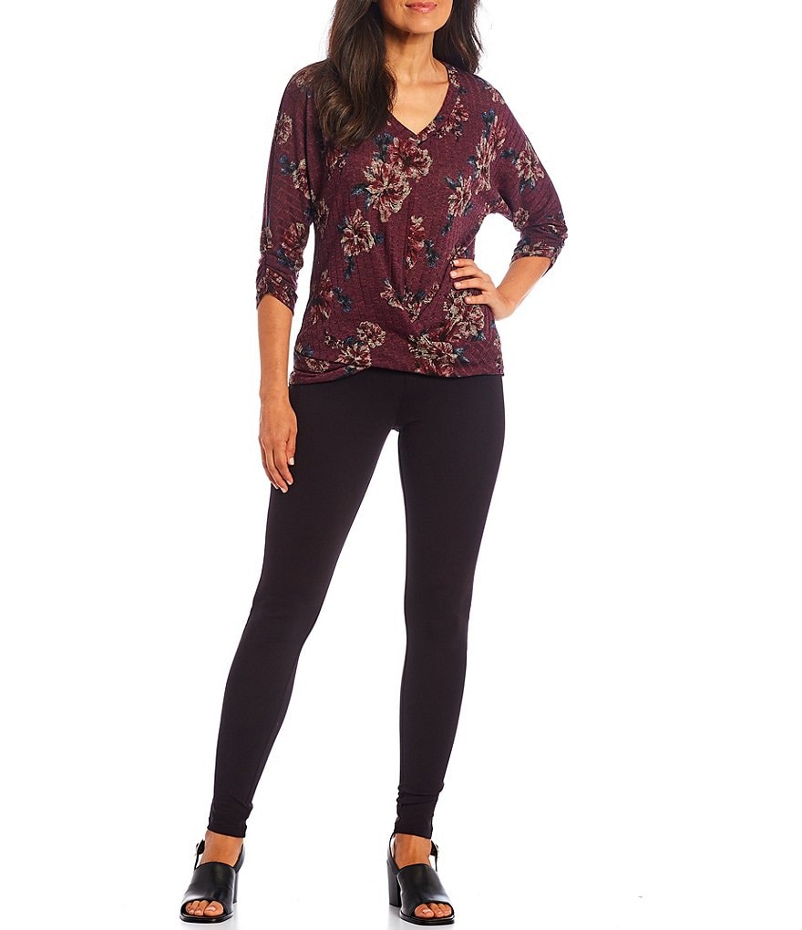 I.N. Studio V-Neck 3/4 Sleeve Floral Print Twist Front Top