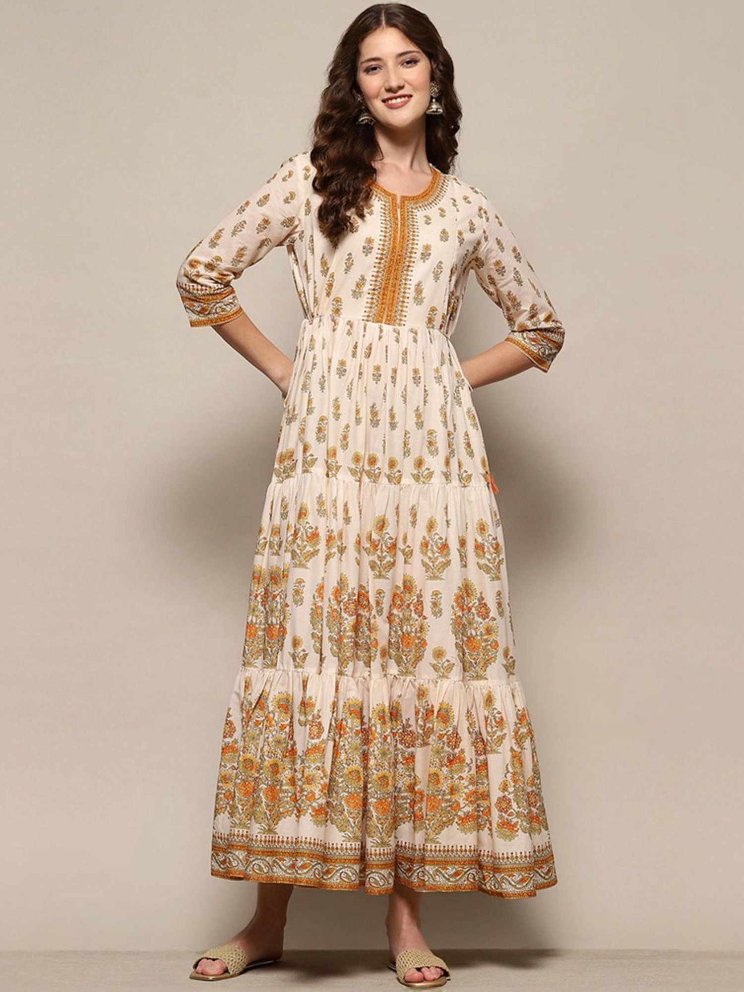 Biba Beige Cotton Floral Print Maxi Dress