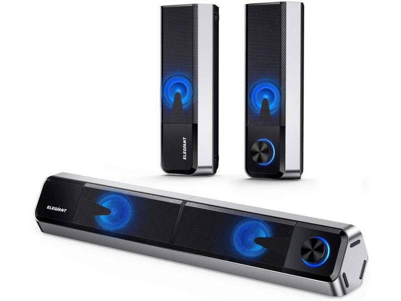 Computer Speakers, Bluetooth 5.0 PC Speakers with Stereo Sound Colorful LED Light Detachable 2 in1 Gaming Speakers Mini Soundbar 3.5mm for PC Cellphone Tablets Desktop Laptop