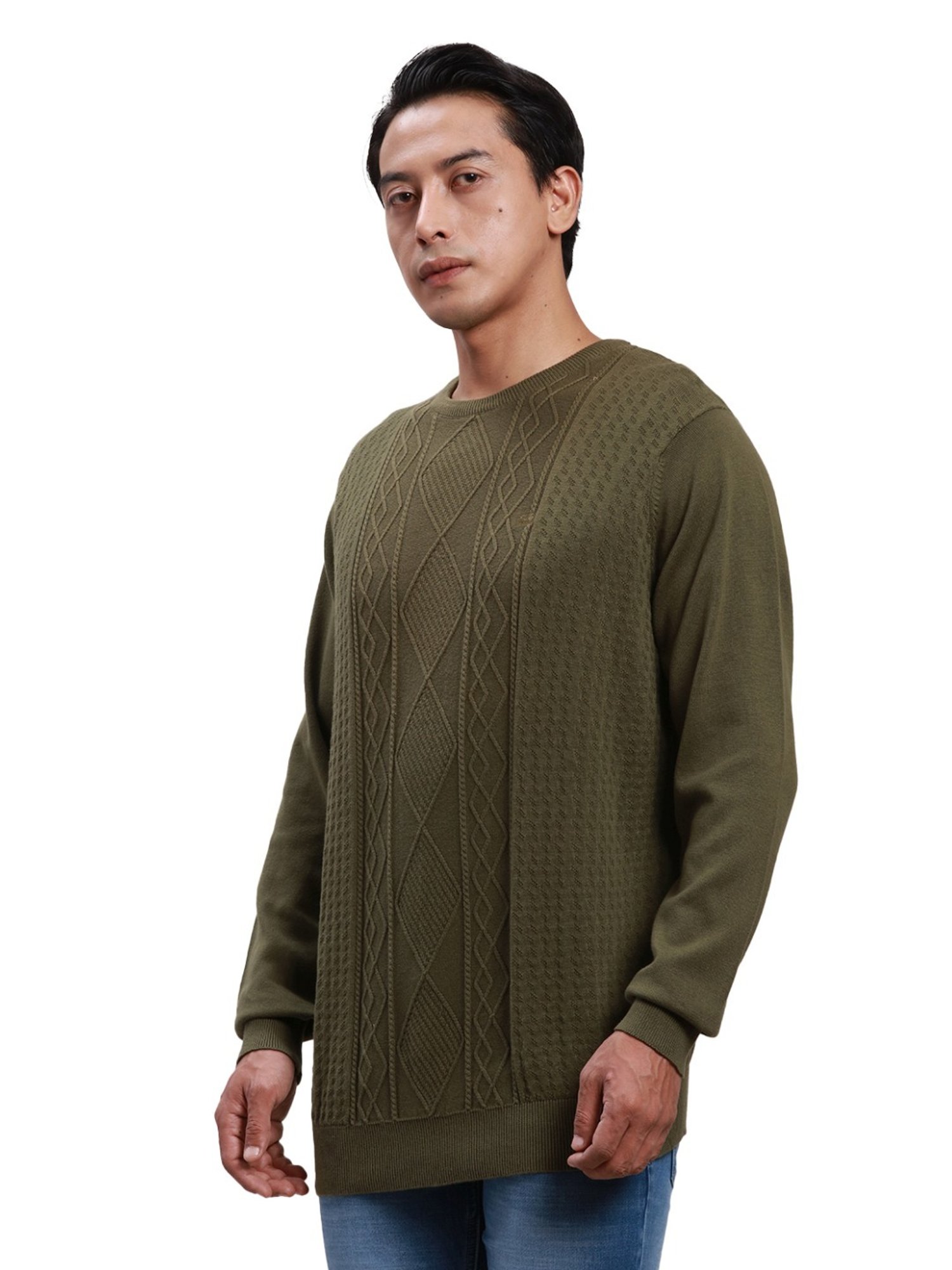 ColorPlus Green Pure Cotton Tailored Fit Self Pattern Sweater