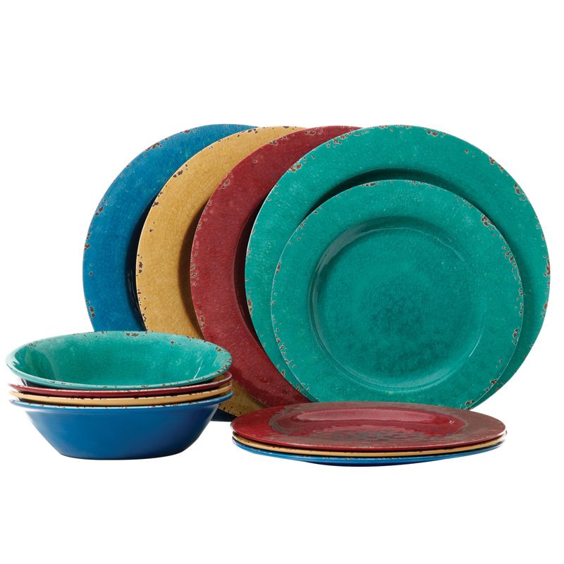 Studio California Mauna 12 Piece Assorted Crackle Decal Melamine Dinnerware Set