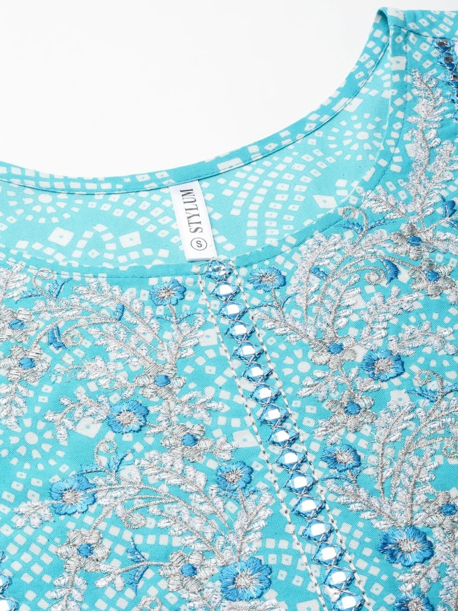 Stylum Turquoise & White Embroidered Kurta Pant Set With Dupatta