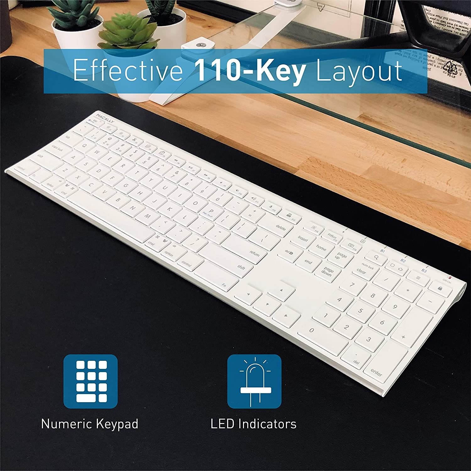Macally Wireless Bluetooth Keyboard for Mac or PC - Multisync, Connect up to 3 Devices Simultaneously - Rechargeable Mac Wireless Keyboard with 110 Keys, 20 Shortcuts, and Numeric Keypad - White
